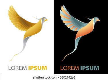 flying golden bird fancy, luxurious company logo concept in origami design style