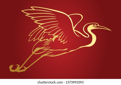 Flying golden bird on red background Chinese art vector painting.