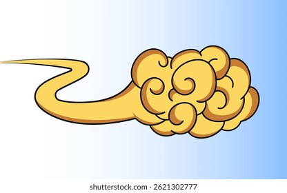 Nuvem dourada voando sobre fundo azul claro. Elemento gráfico de desenho animado. Ilustração de vetor de anime clássico, design plano. Efeito de movimento