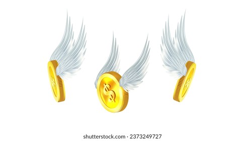 Moneda de oro volando con alas aisladas sobre un blanco. Vector 3D
