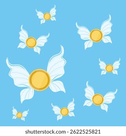 Flying golden coins with butterfly wings isolated on blue background. Vector illustration
