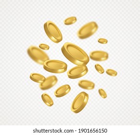 Flying Golden Coins Isolated On White Transparent Background. Vector Illustration EPS10