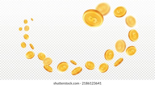 Flying golden coins. Path of jewels and currency. Financial literacy and wealth. Graphic elements for website, poster or banner, decoration of cards with goods. Cartoon flat vector illustration