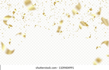 Flying golden confetti on transparent background. Vector holiday illustration. Festive decoration.