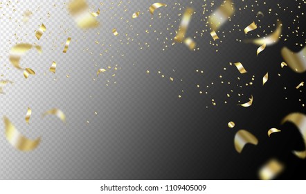 Flying golden confetti on transparent background. Vector holiday illustration. Festive decoration.