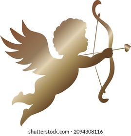 Flying golden Cupid silhouette isolated.
