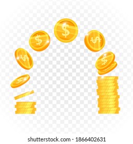 Flying golden dollar coins cartoon illustration on transparent background. Jackpot, treasure or investment finance clipart with shiny coins in different angles. Wealth or luck golden casino design