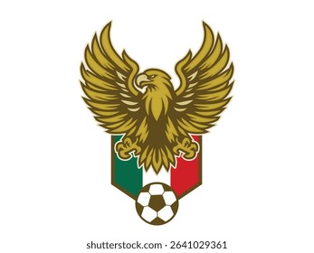 flying golden eagle logo holding a ball on a white background, for a football club or sports club logo. Eagle bird logo