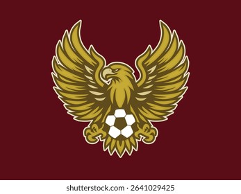 flying golden eagle logo holding a ball on a maroon background, for a football club or sports club logo. Eagle bird logo