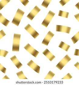 Flying golden foil sheets seamless pattern on white background. Yellow metallic pieces 3d icons ornament creative design. Realistic illustration