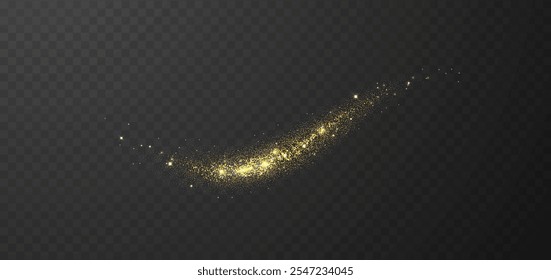 Flying golden glitter, scattered shiny particles, golden sparkle splash, shimmering stardust explosion isolated on dark background. Holiday decorations.