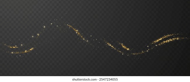 Flying golden glitter, scattered shiny particles, golden sparkle splash, shimmering stardust explosion isolated on dark background. Holiday decorations.