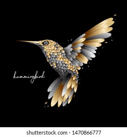 Flying golden hummingbird bird isolated vector illustration with golden feathers and wings