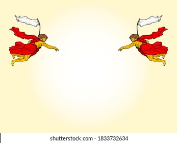 Flying golden sentinel holding flags flanking a blank space. Vector illustration.