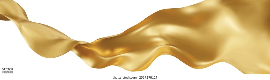 Fliegende goldene Seide, Textil, Fahne, Hintergrund. Glatt elegantes Gold Satin Einzeln auf weißem Hintergrund für große Eröffnungszeremonie. Goldener Vorhang. 3D-Vektorgrafik