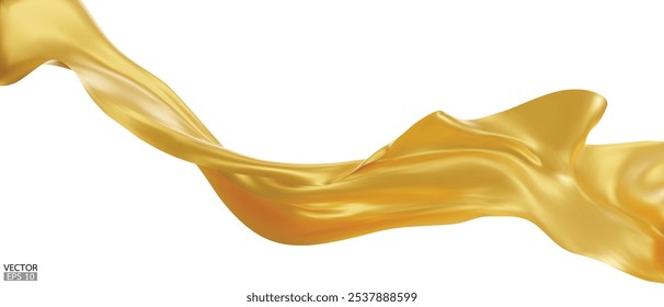 Fundo de bandeira de tecido de seda dourada voadora. Acetinado de ouro elegante suave isolado no fundo branco para a grande cerimônia de abertura. Cortina dourada. ilustração de vetor 3d