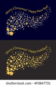 Flying golden and silver stars and gifts with inscriptions. Vector illustration