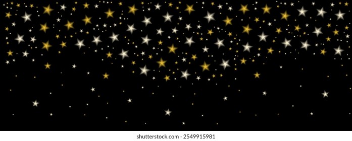 Flying golden stars blurred, sparkling Christmas confetti. Magical shining stars. Glittery holiday vector background.