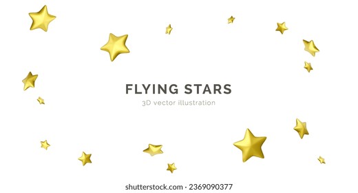 Flying golden stars. Party background falling confetti. 3d gold stars. Vector illustration