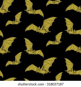 Flying Golden Vampire Bat seamless pattern on black background. Cloth & rug design. Gold & Black vector backdrop. Hand drawn vintage illustration. Gothic themed design. 