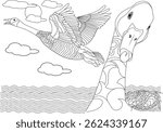 Flying Goose and Snake Head Line Art Drawing, Black and white line drawing featuring a goose in flight over water, with clouds in the sky and a detailed head of a snake in the foreground. This