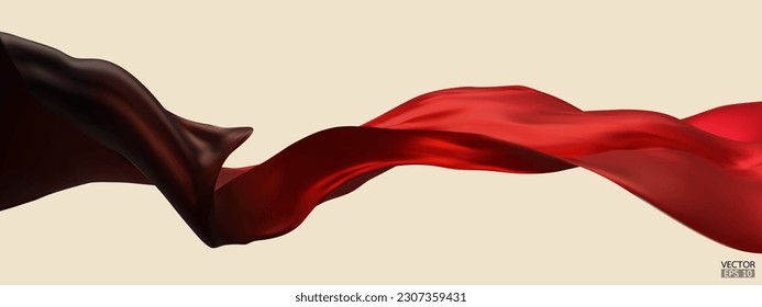 Flying gradient black to red silk textile fabric flag background. Smooth elegant red Satin Isolated on beige Background for grand opening ceremony. Red to black curtain. 3d vector illustration