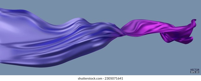 Flying gradient blue to purple silk textile fabric flag isolated on blue background. Smooth elegant Colorful gradient Satin for grand opening ceremony. 3d vector illustration.