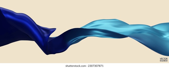 Flying gradient dark to light blue silk textile fabric flag background. Smooth elegant blue Satin Isolated on beige Background for grand opening ceremony. Blue curtain. 3d vector illustration.