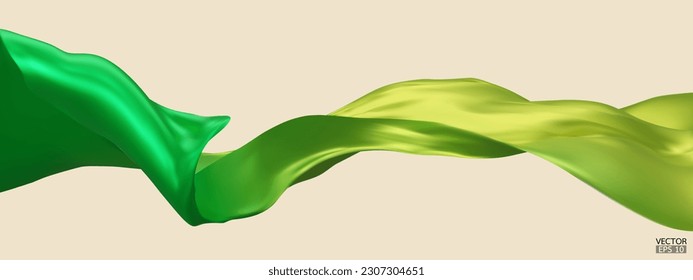 Fondo de la bandera de la tela textil de seda verde a amarillo. Satin verde suave y elegante aislado de fondo beige para la gran ceremonia de inauguración. Cortina verde degradado. Ilustración vectorial 3d.