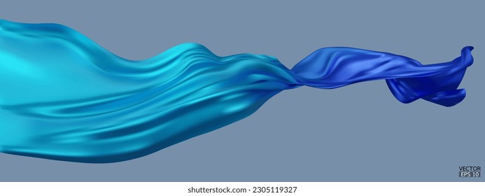 Luz gradiente volante a la bandera de tela textil de seda azul oscuro aislada en el fondo azul. Satin de elegante y suave gradiente de color para la gran ceremonia de inauguración. Ilustración vectorial 3d.