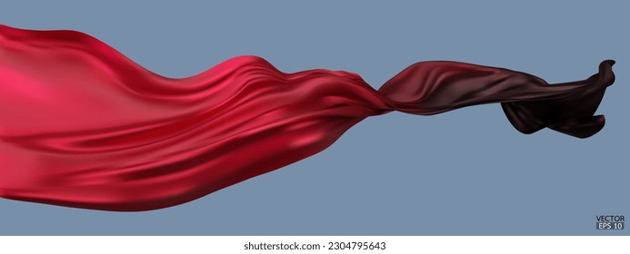 Fliegender Farbverlauf rot bis schwarze Seide Stofffahne einzeln auf blauem Hintergrund. Glättlich elegantes Farbverlauf-Satin für die große Eröffnungszeremonie. 3D-Vektorgrafik.