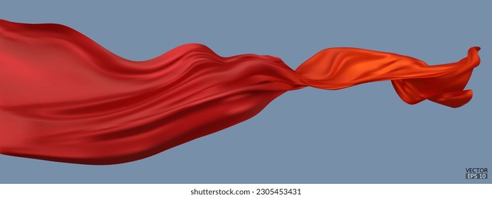 Flying gradient red to orange silk textile fabric flag isolated on blue background. Smooth elegant Colorful gradient Satin for grand opening ceremony. 3d vector illustration.