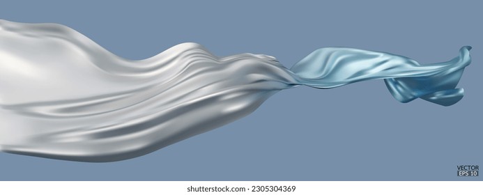 Bandera de tela textil de seda blanca a azul con gradiente volador aislado sobre fondo azul. Satin de elegante y suave gradiente de color para la gran ceremonia de inauguración. Ilustración vectorial 3d.