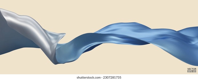 Fondo de la bandera de la tela textil de seda blanca a azul. Satin azul suave y elegante aislado en el fondo beige para la gran ceremonia de inauguración. Cortina azul. Ilustración vectorial 3d.