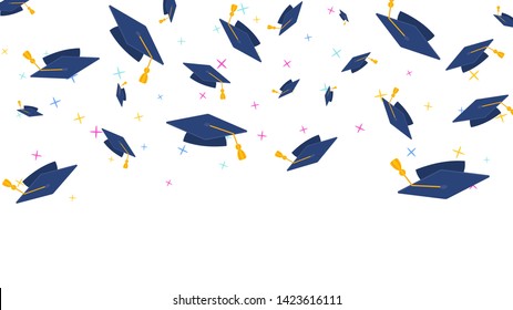 Flying graduate cap and diploma. University mortarboard. Background for banner, poster or flyer for Graduation party. Congratulation with Scientific degree, academic title. Trendy flat vector style.