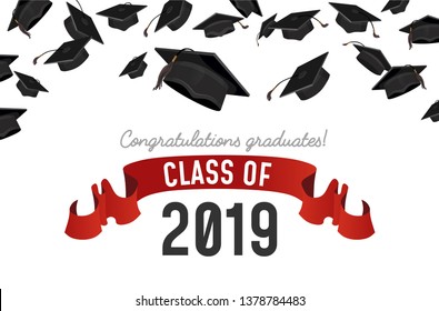 Flying Graduate caps on white background. Student hats with congratulations text. Class on 2019 invitation. Vector illustration