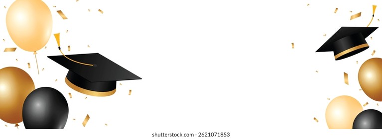 Flying graduation cap with gold confetti and balloons. School, college or university celebration frame template. Graduation congratulation element design. Vector illustration