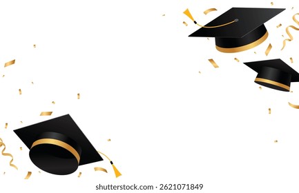 Flying graduation cap with golden confetti. School, college or university celebration frame template. Graduation congratulation element design. Vector illustration