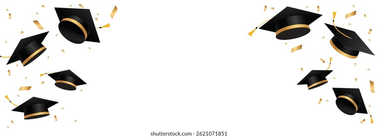 Flying graduation cap with golden confetti. School, college or university celebration frame template. Graduation congratulation element design. Vector illustration