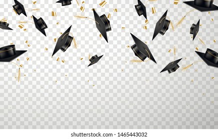 Flying graduation cap set, tossing with confetti. University and college ceremony and award. Realistic style vector graduation hats illustration