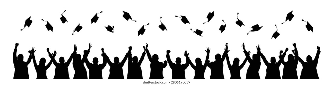 Flying graduation caps black silhouette vector illustration isolated on white backgound.