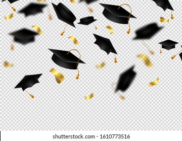 Flying graduation caps with confetti. Academic hats in air with golden ribbons. Vector background for college school, university, education.