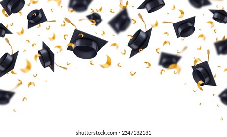 Flying graduation caps with confetti. School, college or university achievement celebration frame with students hats, education template realistic vector 3D illustration. Academic award ceremony