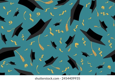 Flying graduation caps with confetti, seamless pattern. Graduation background. Vector illustration