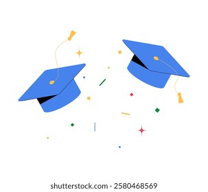 Flying Graduation Caps In Flat Vector Illustration Symbolizing Success, Academic Achievement, And Graduation Celebration, Isolated On White Background