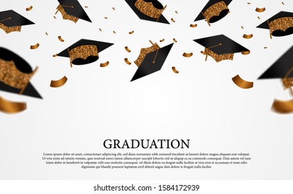 Flying graduation caps on the air with golden confetti for graduates colleges party. Education, academic, degree.