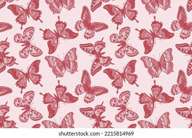 Flying graphic abstract butterflies. Red and white illustration. Seamless patterns of fabrics, textiles, imprints of pillows, summer clothes, window dressing decorations. Trendy background.