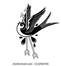 Flying graphic bird pierced by two metal arrows. Vector old school tattoo design isolated on white background. Traditional style