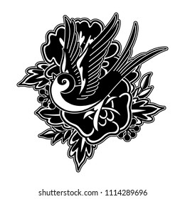 Flying graphic swallows with floral decorations isolated on white background. Vector old school tattoo design. Traditional style