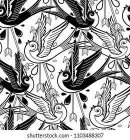 Flying graphic swallows pierced by two metal arrows. Vector old school seamless pattern. Coloring book page for adults and kids